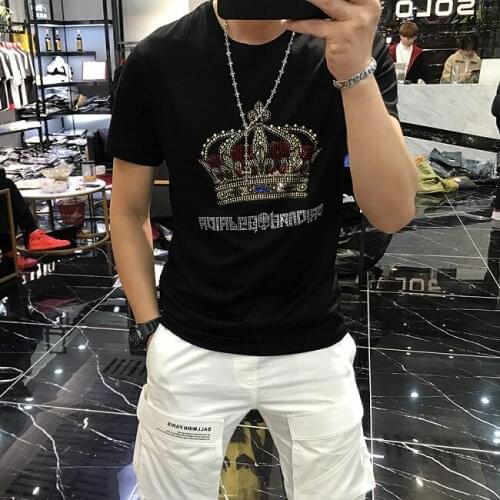 New 2020 design Hot Drilling T-Shirt Mens Black Cotton Short Tshirt High Quality Rhinestone Top Tees Shirt Male Shining lights
