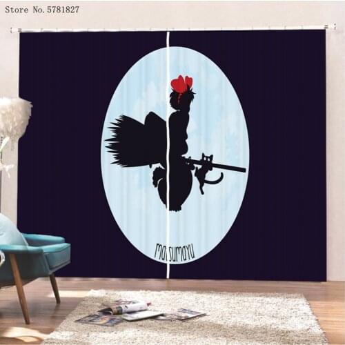 Kikis Delivery Service Window Curtains 3D Print Miyazaki Hayao Window Drapes For Bedroom For Home Window Treatments Decor