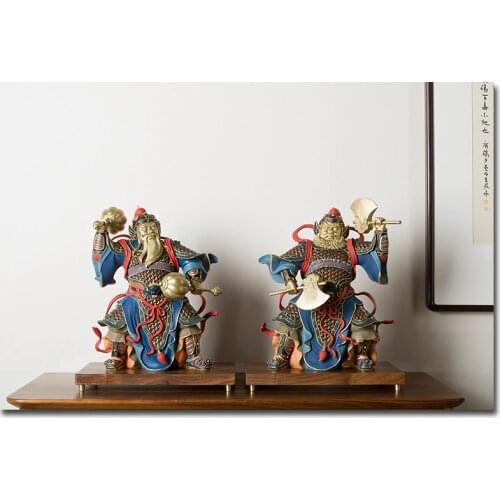A Pair 2021 HOME Company Entrance hall Geomantic omen statue MEN SHEN patron saint God FENG SHUI color copper statue sculpture