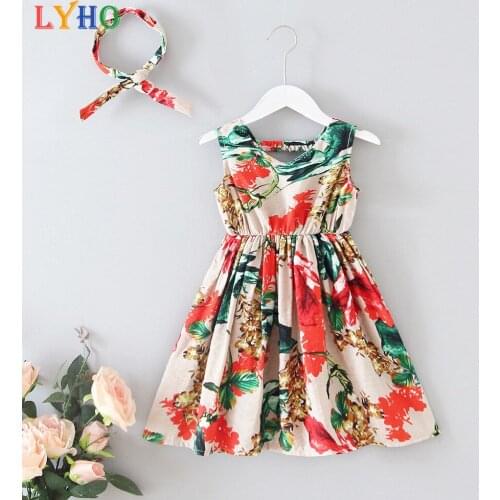 Toddler Girls Dress Summer Plants Print Skirt with Headband Little Girls Costume Outfits Kids Fashion Clothes Casual Beach Dress