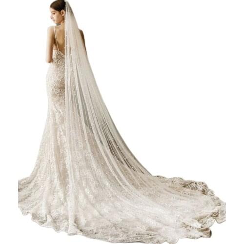 Handmade Imitation Pearl Beaded Floor Length Trailing Cathedral Wedding Veil with Comb Romantic Women Bridal Hair W0YA