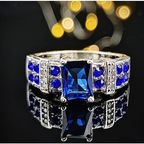 Blue rectangle zircon engagement Rings for Women big finger wedding brand party gift Jewelry Fashion R5017