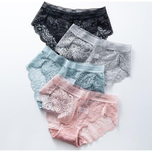 LANGSHA 4Pcs/lot Sexy Lace Panties Seamless Womens Underwear Low-Rise Briefs Nylon Silk Ladies Cotton Sexy Transparent Lingerie