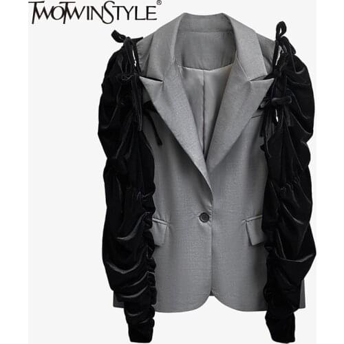 TWOTWINSTYLE Casual Two Wear Blazer For Women Notched Long Sleeve Lace Up Bowknot Patchwork Blazers Female Fashion New Spring