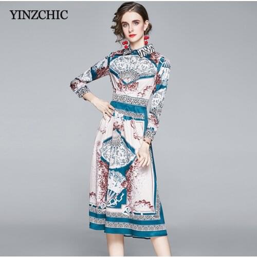 Spring Woman Print Dress Elegant Slim A-line Shirt Dresses for Office Lady Summer Mid Skirts Party Dress Women