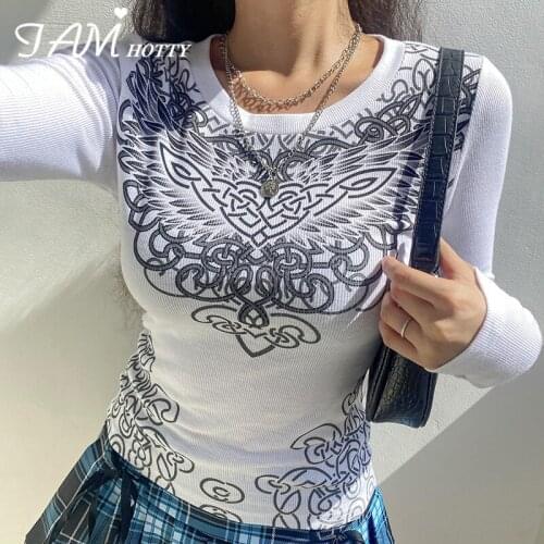 Y2k Retro Printed Grunge Tops Women Dark Academia Long Sleeve Tshirt Harajuku O-neck Graphics Tee Basic Shirt Autumn Iamhotty