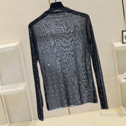 Diamond Mesh Shirt Women 2021 Spring New Inner Wear Thin Sexy Turtleneck Top T-shirt White Black