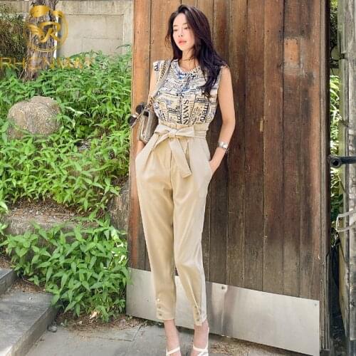 New Simple 2-piece Suits Women 2021 Summer Elegant Printed Letters Top & Bow High Waist Long Pants OL Work Pant Suits Korean