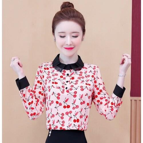 Womens Spring Autumn Style Chiffon Blouses Shirt Womens Button Printed Ruffles Long Sleeve Korean Loose Tops DD9094