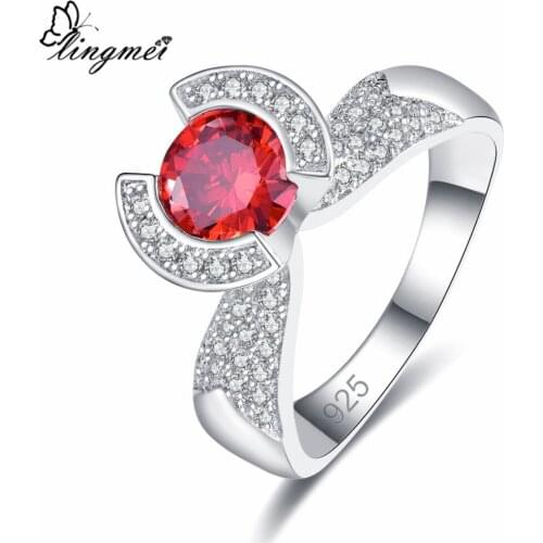 Lingmei Dropshipping Wedding Band Luxury Fashion Round Cut Red & White Cubic Zircon Silver Color Ring Size 6 7 8 9 For Women