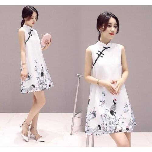 2018 Sleeveless Women Traditional Cheongsam Dress Summer Lady Elegance Short Qipao Asian Oriental Dresses Party Costume 90