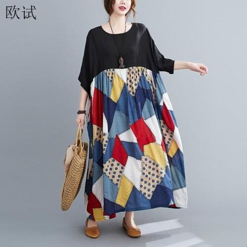 Plus Size plaid Vintage Summer Dress Oversized Women Patchwork Cotton Ladies Dresses 4xl 5xl 6xl 2021 Woman Long Loose Dress