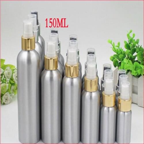 150ml Aluminium bottle pump sprayer bottle w silver/gold shoulder metal bottle Refillable bottle mist sprayer 100pcs/lot
