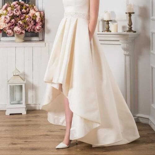 Satin High-Low Skirt Appliqued Rhinestone Waistband Floor Length Train Long Tail Skirt for Wedding Cocktail Formal Daily Life