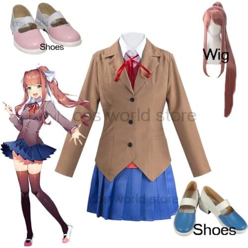 Game Doki Doki Literature Club Monika Cosplay Costume Sayori Natsuki Yuri School Uniform Wig Shoes Skirt Outfit Women Costume