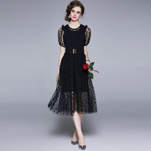 YIZZHOY Summer New Arrival Women Vintage Black Gauze Patchwork Dress Female Elegant O-neck Chain Fashion Slim Dress with Belt