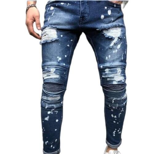 102 hot sales 20200 Men Jeans Stretch Destroyed Ripped Paint point Design Fashion Ankle Zipper Skinny Jeans For Men