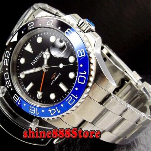 New 40mm Parnis black dial ceramic bezel sapphire glass date adjust GMT Automatic movement Mens Watch