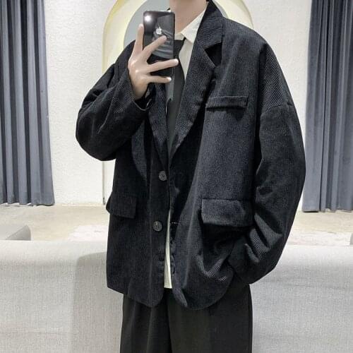 2021 Mens Corduroy Fabric Suit Jacket Casual Single Western Clothes Loose Coats Fashion Trend Grey/black Outerwear Size M-2XL