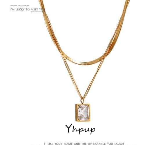 Yhpup New Stainless Steel Cubic Zirconia Pendant Necklace Charm Metal Layered Snake Chain Necklace Jewelry бижутерия для женщин