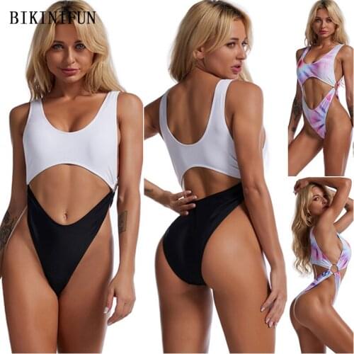 2021 New Scoop Neck Monokini Women Solid Color Swimwear Front Cutout Swimsuit S-2XL Girl Metal Ring One Piece Suit Beachwear