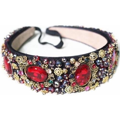 Limited Edition Luxury Baroque Crown Full Red Rhinestone Handmade Hair Bands Crystal Velvet Wide Headband Wedding Hair Jewelry