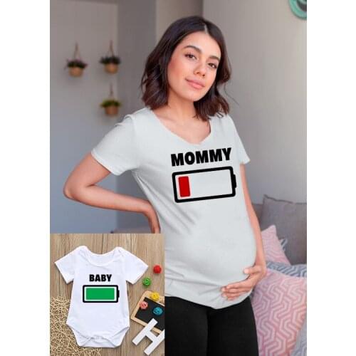 1PC Mom and baby shirts Low battery Mom and baby shirts Matching tees mom baby tops pregency Mommy baby bodysuit
