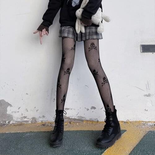 Street Fashion Human Skeleton Sexy Silk Stockings Streetwear Women Harajuku Punk Black Slim Gothic Lolita Skull Death Crossbones