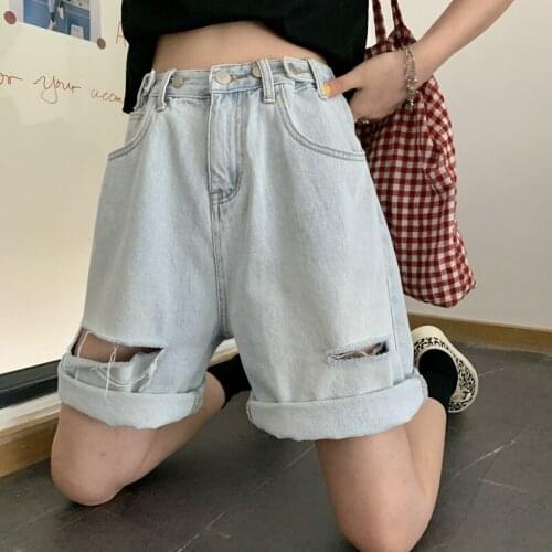 Women Street Shorts High Waist Wide Leg Denim Shorts Women Hole Jeans Shorts Summer Girl Shorts Hot Pants