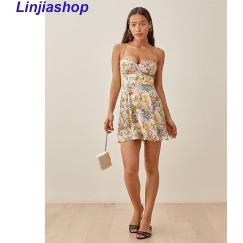 Woman Floral Print Chic Mini Dress With Sleeveless V-neck Thin Elastic Straps Draped Summer Dress Female Backless Sexy Vestidos