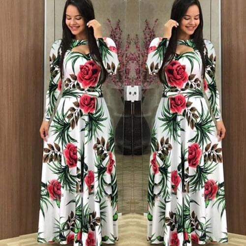 2021 Elegant Summer Womens Dress Casual Bohemia Flower Print Maxi Dresses Fashion Hollow Out Tunic Vestidos Dress Plus Size 5XL