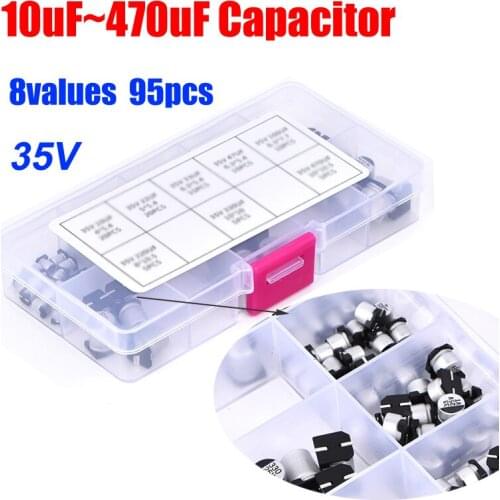 8values total 95pcs SMD 35V 10uf~470uf Aluminum Electrolytic Capacitor Assortment Pack Plastic Box Kit