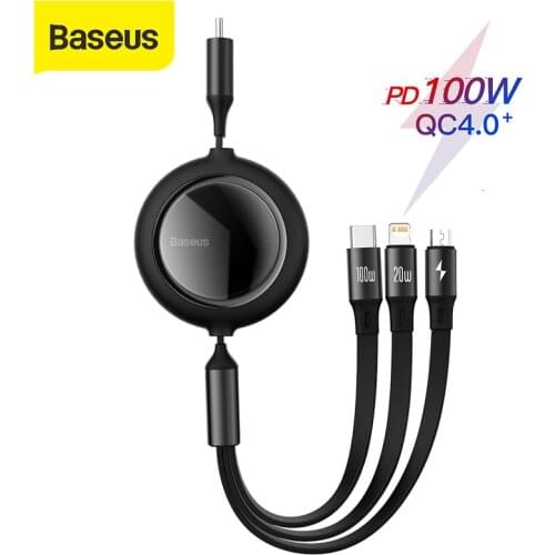 Baseus 100W 3 In 1 USB C Charge Cable for iPhone 12 120cm Micro USB Type C Cable Retractable Portable Charging Cable for Sumsung