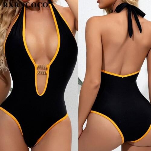RXRXCOCO One Piece Swimsuit Sexy Bandage Swimwear Swimming Suit Solid Female Bathing Suit High Waist Bodysuits Swimwear Women