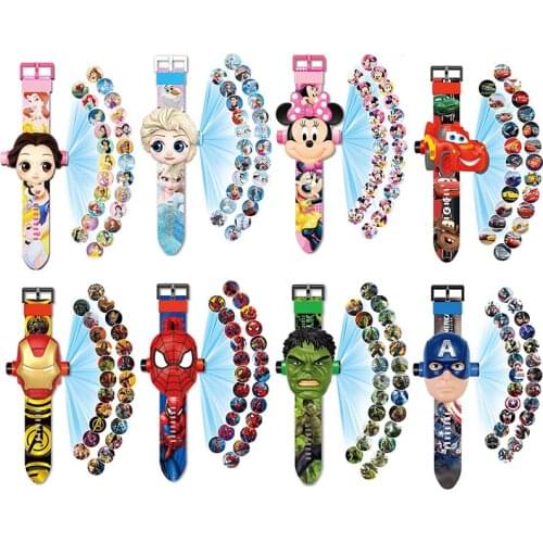 Disney Projection Watch Anime Figure Frozen Princess Marvel Spiderman Ironman Mickey Mouse Childrens Toy Electronic Watch