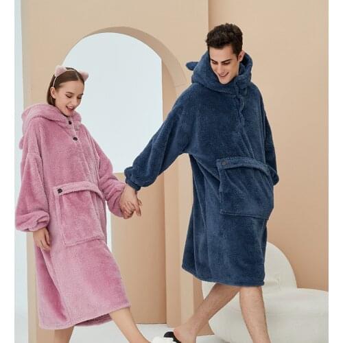 Cute Animal Ears Button Hooded Bathrobe Dresses Men Couples Autumn Winter Flannel Thick Warm Stretch Dressing Gown Female Kimono
