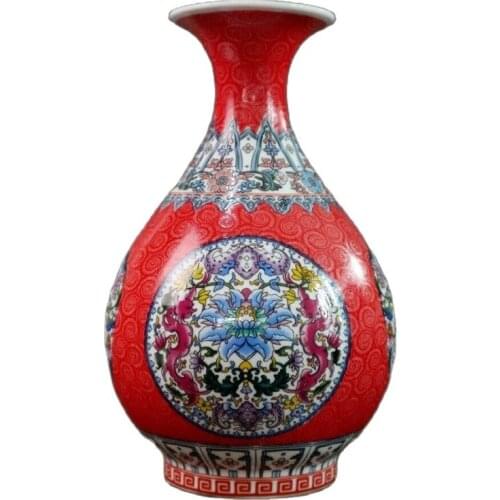 Chinese Old Porcelain Red Earthen Enamel Color Flower Pattern Vase