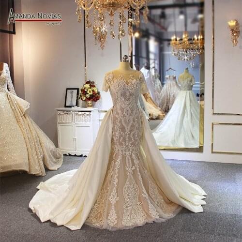 Full beading lace wedding dress champagne color with detachable train 2019 wedding gowns