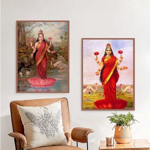 Lakshmi Indian Goddes Posters and Prints Hinduism Wall Art Canvas Painting Goddess of Abundance Pictures for Living Room Decor