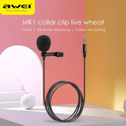AWEI MK1 Microphone Phone Accessories 3.5mm Aux Jack For Vlog Record 3m Length Clean Sound Noise Cancelling