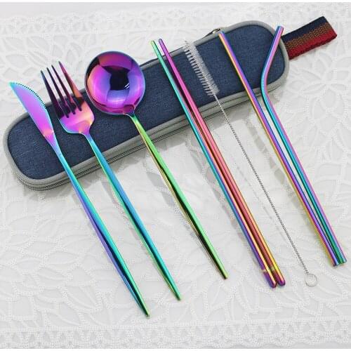 Stainless Steel Dinnerware Set Spoon Fork Chopsticks Straw Portable Cutlery For Travel Outdoor Office Picnic Bbq