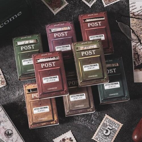 100Pcs/Box Vintage Antique Postbox Design Stamp Sticker Package DIY Diary Journal Decoration Sticker Album Scrapbooking
