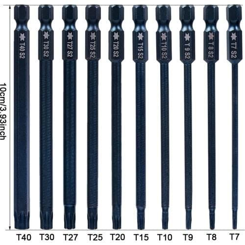 10 Pieces 1/4 Inch Hex Shank T7-T40 4 Inch Length Chromium Vanadium Alloy Steel Torx Security Head Screwdriver Drill Bits Set
