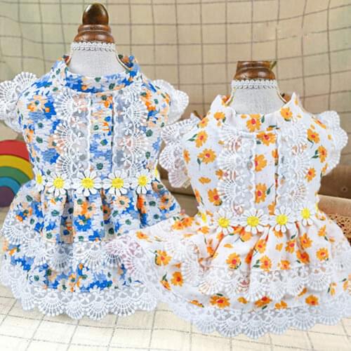New Pet Sun Flower Skirt Blue Small Floral Lace Skirt Spring and Summer Puppy Cat Costume