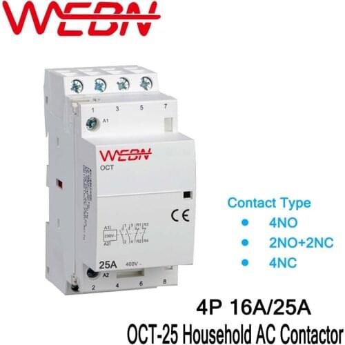 OCT-25 Series 4P 16A/25A Automatical AC Household Contactor 220V/230V 50/60Hz Contact Form 4NO/2NO+2NC/4NC Din Rail Contactor
