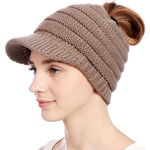 Unisex Autumn Winter Brim Knitted Ponytail Cap Yarn Set of Head Cap Outdoor warm Hat Wool Ponytail Cap Hat Fashion Solid Beanie