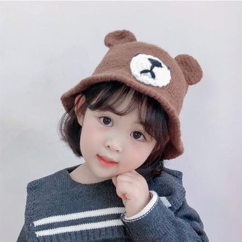 Kids Fall Winter Bucket Hat Baby Boys Girls Cute Bear Knit Fishing Beanie Cap Children Korean Outdoor Panama Bob Hats with Ears