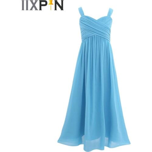 Kids Pleated Wide Shoulder Straps Chiffon Flower Girl Dresses Princess Wedding Birthday Party Dress First Communion Clothing