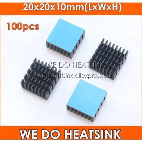 WE DO HEATSINK 100pcs 20x20x10mm Black Slotted Anodized Aluminum Heatsink IC Radiator With Thermal Adhesive Transfer Pads