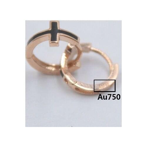 Real 18K Solid Gold Hoop Earrings Luck Black Enamel Cross Earrings 1-1.3g 9x5.5mm